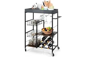GiantexUK 4 Tier Service Cart, Industrial Kitchen Storage Trolley with Side Handle, Glass Holder, Removable Tray and Lockable Wheels, Rolling Utility Carts for Dining Room