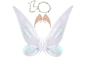 SALADOCY 3Pcs Feenflügel Kostüm Zubehör Blumenkranz Flügel Elfenohren Erwachsene Kinder Schmetterlingsflügel für Halloween Karneval Kostüm Partys Schmetterlingsflügel Kostüm Damen Mädchen Feenkostüm (Weiß)