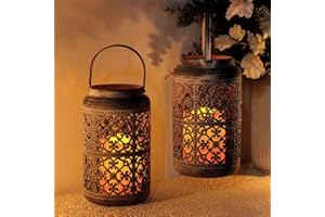 JHY DESIGN set de 2 Linterna con Vela LED ámbar a Pilas y Asa metal Lámpara 17cm lampara exterior Farol de jardín Estilo Vintage para Exterior Iluminación Balcón Jardín Faroles de Decoracion