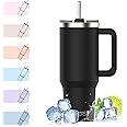 WATERSY Travel Mug Coffee Cup 40oz Tumbler Straw Lid and Handle, Stainless Steel Double Wall Vacuum Insulated Coffee Water Bottle for Cold Hot Coffee 1182ml Black