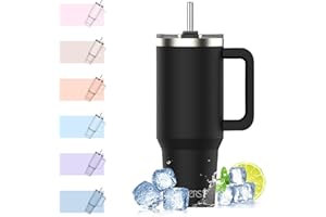 WATERSY 1182 ml Termo con Asa, Grande Taza Termica Acero Inoxidable, 40oz Taza de Café con Pajita, Termo de Agua para Frío y Caliente, Travel Mug Doble Pared, para Gimnasio, Viaje (Negro)
