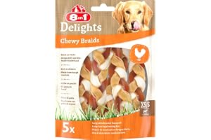 8-i-1 Delights Chewy Braids XS/S – gott tuggsnack för små hundar, bitbeständig nötkött hud med utsökt kyckling, 75 g påse (5
