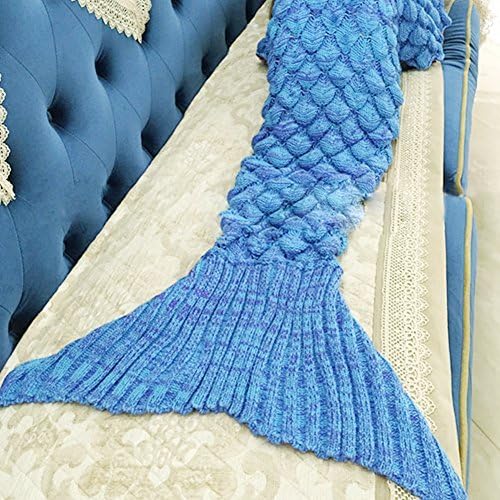 Knitted Mermaid Tail Blanket Handmade Crochet Soft Sleeping Bag All Seasons Quilt Snuggle Cozy for Adults Teens 74.8”x35.4” (Light Blue)