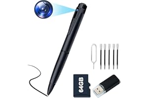 HGYGHO 64GB Telecamera Penna, 1080P HD Mini Telecamera Spia Nascosta con Rilevamento del Movimento, Portatile Piccola Videocamera di Sorveglianza Pen con Audio e 5 Riempimenti di Inchiostro