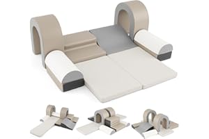 COSTWAY Kids Soft Play Set, 10 Pieces Baby Foam Climbing Blocks with Waterproof PU Leather, Indoor Toddler Climb and Crawl Activity Playset for Sensory Motor Skills (Grey)