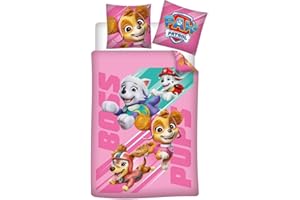 Aymax Parure da letto Paw Patrol Rosa, 100% cotone, copripiumino reversibile + federa 65 x 65 cm