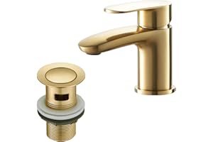 Basin Mixer Tap with Drain, BATHWEST Brushed Golden Brass Bathroom Sink Taps with Waste, Modern Bathroom Taps with Pop Up Waste Middle 492NGO