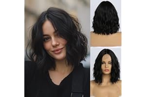 SIMKAYLEE Gewellt Schwarzer Kurze Perücke ohne Pony Damen Perrücke Frauen Schwarz Schulterlang Locken Perücke Bob Schwarz Mittelscheitel für Alltag Party Cosplay Karneval Fasching Anime (36cm)