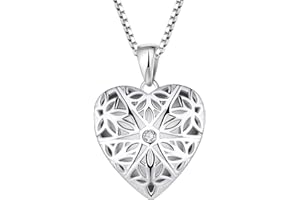 FJ Photo Locket Necklace 925 Sterling Silver Picture Memory Locket Pendant Necklace Jewellery Gifts for Women Girls, Heart/Oval/Round/Opal