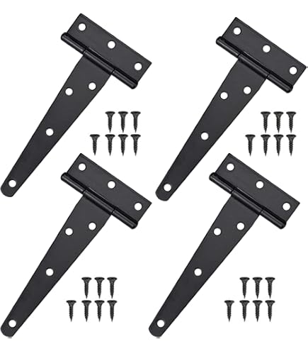 Deurscharnieren en deurgrendel, zwart, voor houten deuren, 4 stuks, 10 cm (10 cm) verzinkt en 2 deurgrendels voor buiten, 180 graden, inklapbaar, met 32 schroeven, T-scharnieren, inklapbaar, zware