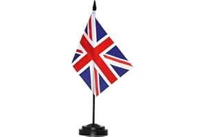 ANLEY UK Deluxe Desk Flag Set - 6 x 4 Inch Miniature United Kingdom British Desktop Flag with 12" Solid Pole - Vivid Color and Fade Resistant - Black Base and Spear Top…