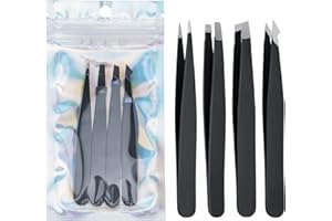 SUSNUAN 4pcs Professional Tweezer for Facial Hair Women and Men Stainless Steel Tweezers for Eyebrows Black Tweezers for Ingrown Hair Removal Eyelash Extension (Black)