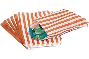 IBEX MART 100 Candy Stripe Bags, Recyclable Orange Striped Sweet Bags Sweets Candies Cookies Wedding Buffet, Paper Sweet Bags For Cake Party Gift Shop, 5" x 7"