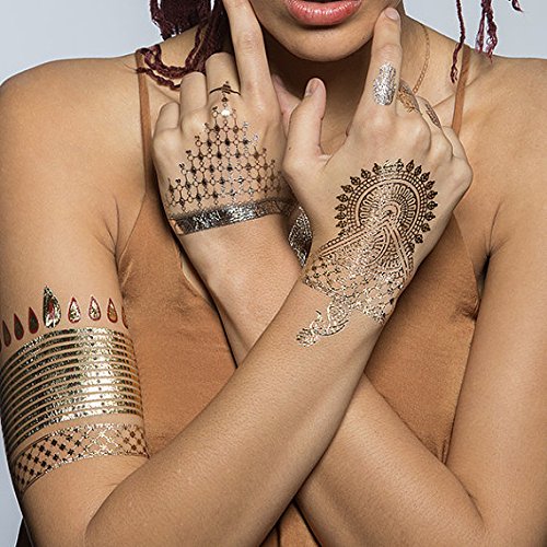 Tattify Metallic Gold Indian Style Jewelry Temporary Tattoos - Indian Princess (Set of 4 sheets)