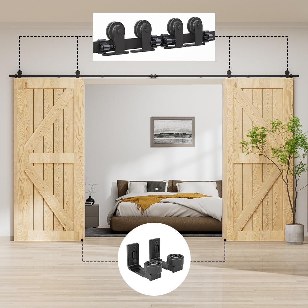 LTIYITL 274CM (9FT) Herraje Para Puerta Corredera Kit de Granero Accesorio de Armario Con Rodillo de Riel Para Puerta Doble,Contiene Guía de Suelo Ajustable