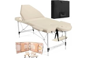Vesgantti Table de Massage Pliante Professionnelle, Lit de Massage 3 Zones Aluminium, Table Esthetique Cosmetique Tatouage Portable, Hauteur Réglable avec Repose Bras - Beige
