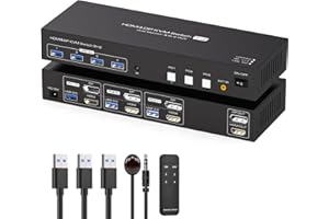 TJCXELE 4K60Hz HDMI+Displayport KVM Switch 3 PC 2 Monitores USB3.0 Switch KVM con 4 Puertos USB Para 3 Computadoras Compartiendo Dual Monitores y 4 Dispositivos con Cables USB & Controles Remotos