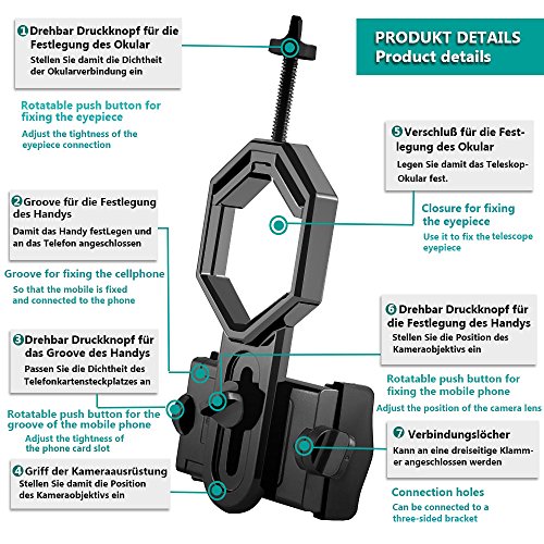 JUMPFISCH Premium Okular- und Smartphone Handy Halterung Adapter Mount fÃ¼r Teleskop, Mikroskop, Spektiv, Monokular, Fernglas, Mikroskop.(Geeignet fÃ¼r alle Typen Handy Smartphone Iphone Sony Samsung)