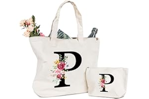 SINEKONG Personalizzata Iniziali Borsa Tela Donna, Borsa Shopper Donna con Lettere e Fiori Cotone Borsa Canvas, Borsa Cosmetica per Sposa Damigella, Idea Regalo Donna Mamma, Compleanni, Matrimonio(P)