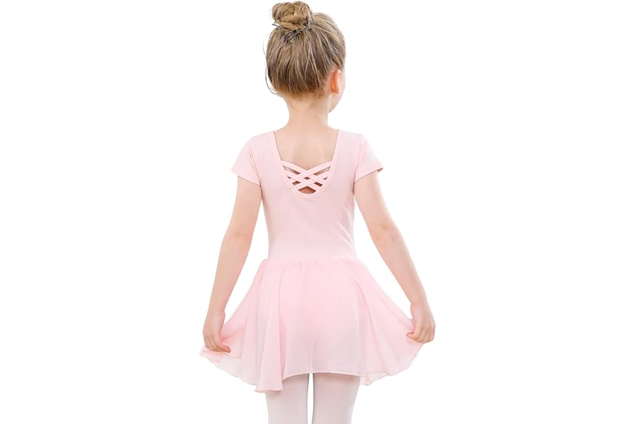 PLIKSUVER Girls Ballet Dress Short Sleeve Ballet Outfit Gymnastics Dance Leotard with Chiffon Skirt