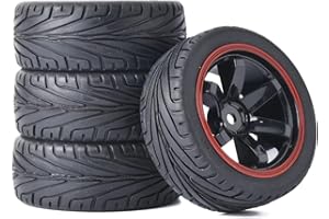 KINGCOO 4PCS 1:10 RC Car Tyre 65mm Rubber Tires and Plastic Wheel Rims for 1/10 On-Road Racing Touring Drift Car Spare Parts for HSP Tamiya HPI Kyosho (Black/Red)