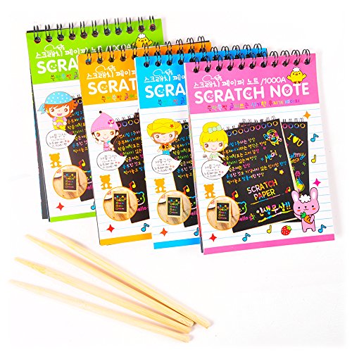 AGREATLIFE 4x Magische Notizbücher mit Kratzbilder und 4x Kratzstift - Bastelset für Mädchen - Malbücher für Kinder - Regenbogen Kratzpapier - Scratch Art Paper - Spielzeug zum Zeichnen & Basteln