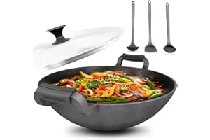 NOBELLGO ZAUBERWOK Wok in ghisa a induzione, 33 cm, con manici in silicone per barbecue a gas, fornello, forno, paella, wok in ghisa con coperchio, adatta a induzione per Sac Stir Fry Tava