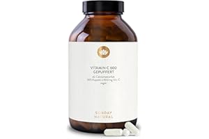 ‎SUNDAY NATURAL SUNDAY NATURAL® Vitamin C hochdosiert - 365 Kapseln - 1.200 mg Vitamin C gepuffert je Tagesdosis – Säurefreies Calciumascorbat – Magenschonend – Laborgeprüft, vegan, ohne unnötige Zusätze