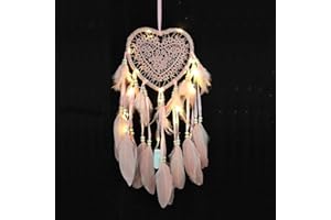 RAILONCH Herz Traumfänger Boho-Stil Handgefertigt LED Licht Wandbehang Romantische Dekoration (Pink,Mit Lichtern)