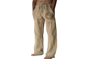 Puimentiua Pantalones Lino Hombre Verano Casual Pantalon Anchos Hombre de Lino y Algodón Transpirables Cómodos con Cordón Bolsillos Laterales Elegantes para Vacaciones Playa