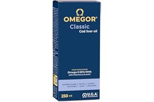 Olio di Fegato di Merluzzo Liquido OMEGOR Classic 250ml - Senza Retrogusto di Pesce - Omega 3 Liquido 1000mg con Vitamine A, D, E - 540mg DHA 360mg EPA