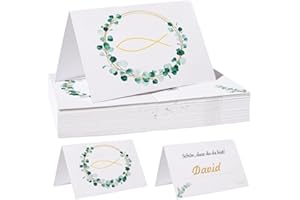Fyshird 50 Stück Tischkarten Taufe Schön, Dass Du Da Bist! mit Eukalyptus Fisch Grün - Platzkarten Namenskarten zum Beschriften Tischdeko für Hochzeit Konfirmation Kommunion - 11 * 8.5cm