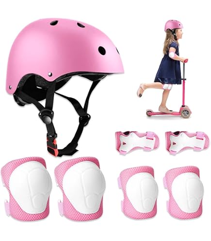 Kit Protection Roller 7 Pièces – Genouillères, Coudières Et Protège-poignets Réglables – Enfants 4-16 Ans – Couleur Rose – Cadeau Idéal