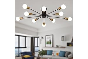 ‎JIINOO JIINOO Moderne Sputnik Deckenleuchte, 10 Lichter Sputnik Sputnik Industrieller Kronleuchter Halbeinbaumontage Deckenleuchte für Wohnzimmer Küche Schlafzimmer Bauernhaus Esszimmer (Schwarz + Gold)