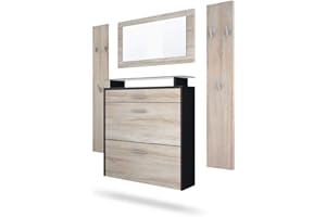 Vladon Garderobe Malea, Garderobenset bestehend aus 1 Hängeschuhschrank, 1 Wandspiegel und 2 Garderobenpaneele, Schwarz matt/Eiche Sägegrau