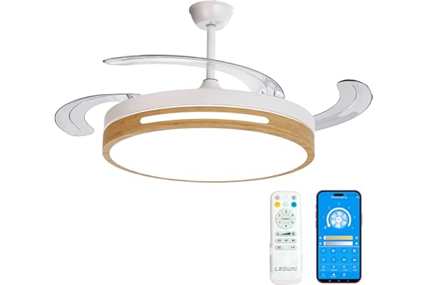 LEDUNI Ventilador con Luz LED con mando+APP 50CM, Motor DC +Luz LED, 66W,temporizador, 6 velocidades, aspas retráctiles, 3 temperaturas de luz, función verano-invierno Silencioso (Madera)