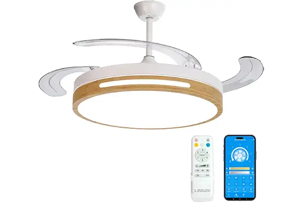 LEDUNI Ventilador con Luz LED con mando+APP 50CM, Motor DC +Luz LED, 66W,temporizador, 6 velocidades, aspas retráctiles, 3 temperaturas de luz, función verano-invierno Silencioso (Madera)