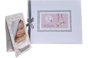 A ARGUVAL EDITORIAL Libro de firmas bautizo bebe niña, libro visitas medidas, 27,5 x 23 x 2, 64 paginas, tapa dura, forrada gua Flex, con lazo plateado, más porta móviles personalizable, para poner la foto del bebe