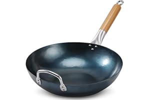 Jobin Flat Bottom Wok Pan 13.5"/34cm Pre-Seasoned Carbon Steel Wok Traditional Hand Hammered No Chemical Coated | Cook for 4-6 People Ideal for Induction/Gas/All Hobs