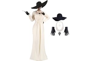 Mikan Tsumiki Lady Alcina Dimitrescu Cosplay Costume Women Beige Long Dress with Necklace, Earrings, Gloves, Hat