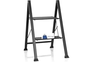 hjh OFFICE 801204 Escalera Plegable 2 Peldaños Solid W5 Escalera de Aluminio, Peso Máximo 150 kg, Peldaño Plegable, Negro