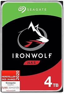 Seagate IronWolf 4 TB interne Festplatte, NAS HDD, 3.5 Zoll, 5900 U/Min, CMR, 64 MB Cache, SATA 6 GB/s, silber, 3 Jahre Data Rescue Service, Modellnr.: ST4000VNZ08