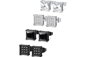 JeryWe 4 Pairs Stainless Steel Stud Earrings for Men Women Square CZ Earrings Silver Black Diamond Earrings,3-7MM