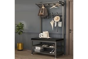 ANGROUPS Appendiabiti da Terra con Scarpiera a 3 Ripiani, Vintage Attaccapanni Portabiti in Metallo Altezza 172 cm, Appendiabiti Autoportante con Panca e Ganci per Ingresso Corridoio, Nero