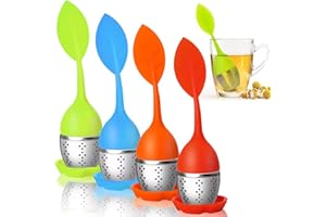 IMPODITIONGS Juego de 4 Infusor de Te, Conjunto de infusor de té de Silicona, Filtro de té Acero Inoxidable con Asa Móvil en Forma de Hoja, El infusor de té con bandeja de Goteo(Rojo, Naranja, Azul, Verde)