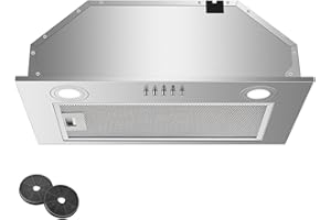 KICHPOWER Hotte Aspirante Encastrable 52cm, Hotte Aspirante Encastrée, 300m³/h, 3 Vitesses, Évacuation & Recyclage d'air avec filtre à charbon actif, éclairage LED, hotte aspirante en inox