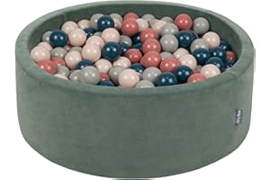 KiddyMoon Rund Bällebad Velvet Bällepool 90X30cm/300 Bälle ∅ 7Cm Ballgruben Für Babys Spielbad Kleinkinder, Hergestellt In Der EU, Waldgrün: Dunkeltürkis/Pastellbeige/Grüngrau/Lachsfarben