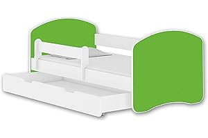‎ACMA Jugendbett Kinderbett mit einer Schublade mit Rausfallschutz und Matratze Weiß ACMA II 140 160 180 (160x80 cm + Schublade, Weiß - Grün)