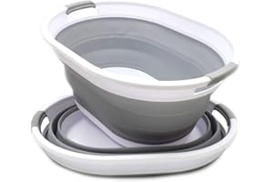 SAMMART 28L Lot de 2 paniers à linge pliables en plastique – Panier ovale – Conteneur de rangement pliable – Baignoire portable – Panier à linge compact (gris, 2)