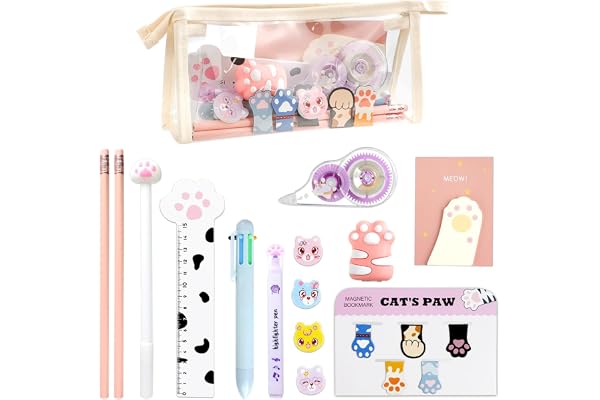 19 PCS Patte de Chat Kit Papeterie , Mini Rouleau à Crayons, Ruban Correcteur, Notes Adhésives, Signets Magnétiques, Stylos Pointeurs, Gomme, Règle, Surligneurs pour Cadeau